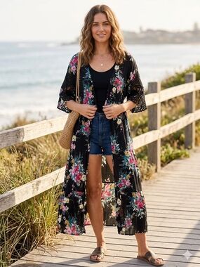 Black Floral Long Kimono Swim Cover-Up with Pink & Teal Blooms